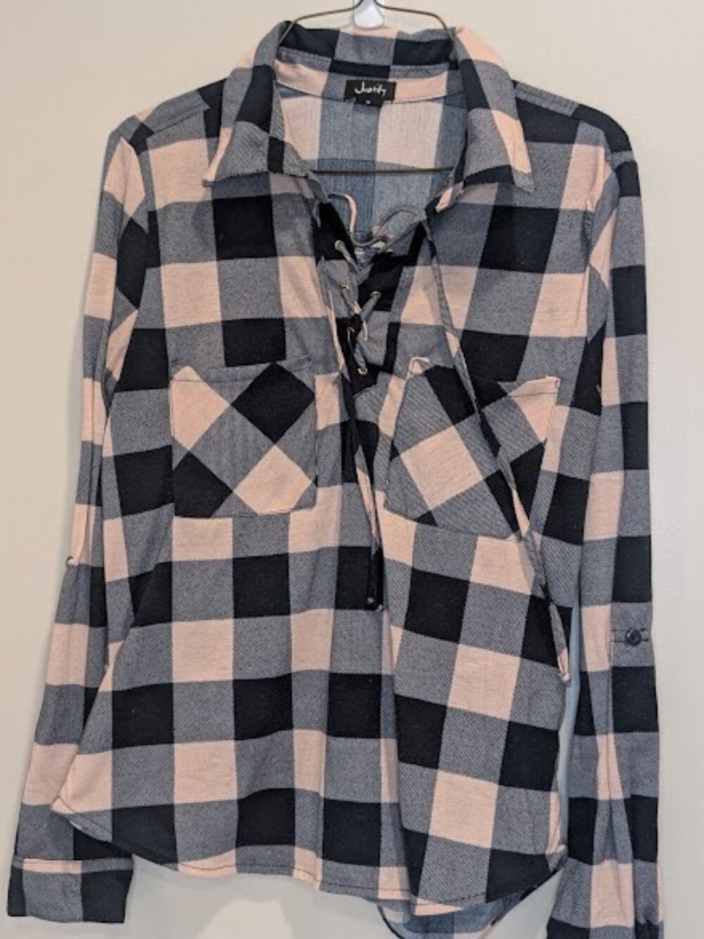 Justify Pink & Black Buffalo Plaid Lace-Up Roll-Tab Sleeve Top Size M